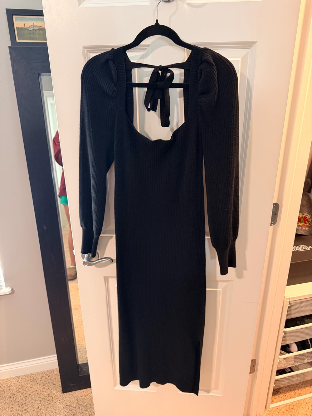 Charles Henry Black Ribbed Midi Sweater Dress with Puff Long Sleeves